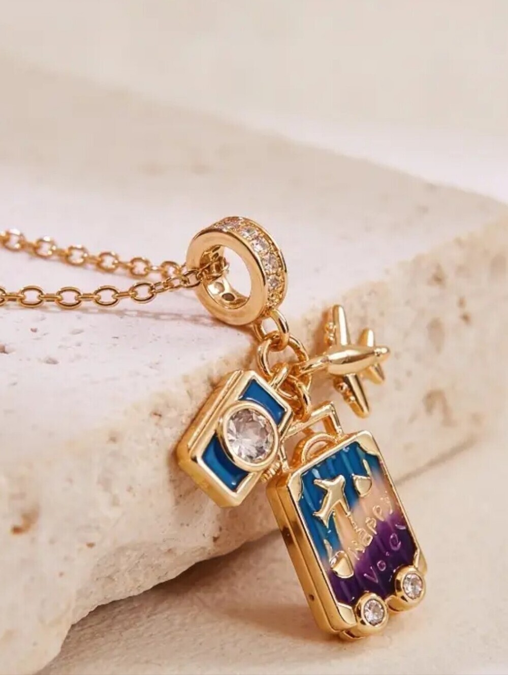 Travel Suitcase Charm Necklace Gold Airplane Passport Vacation Pendant Gift - Picture 8 of 14